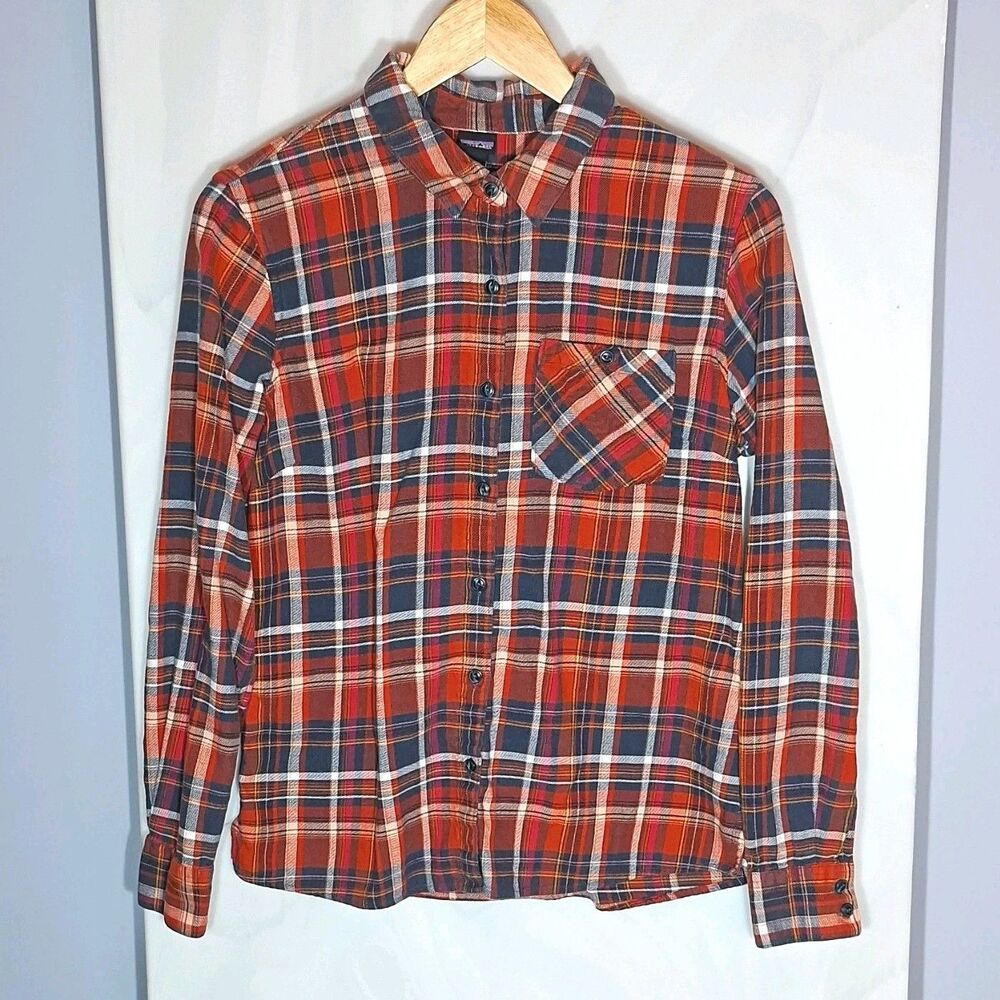Patagonia Women's Sz 6 Organic Cotton Plaid Flannel Button Down Shirt Orange Red